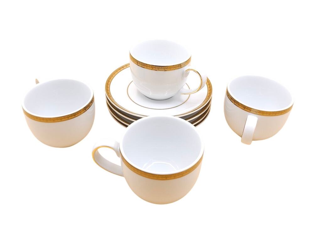 Charter Club Gold Cups And Saucers Set of 4 Grand Buffet Flat White Porcelain